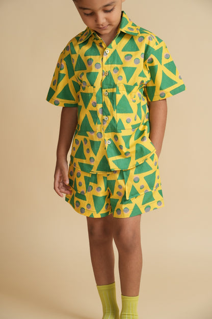 Unisex Cotton Co-ord Set for Kids – Green Triangle Print