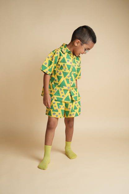Unisex Cotton Co-ord Set for Kids – Green Triangle Print