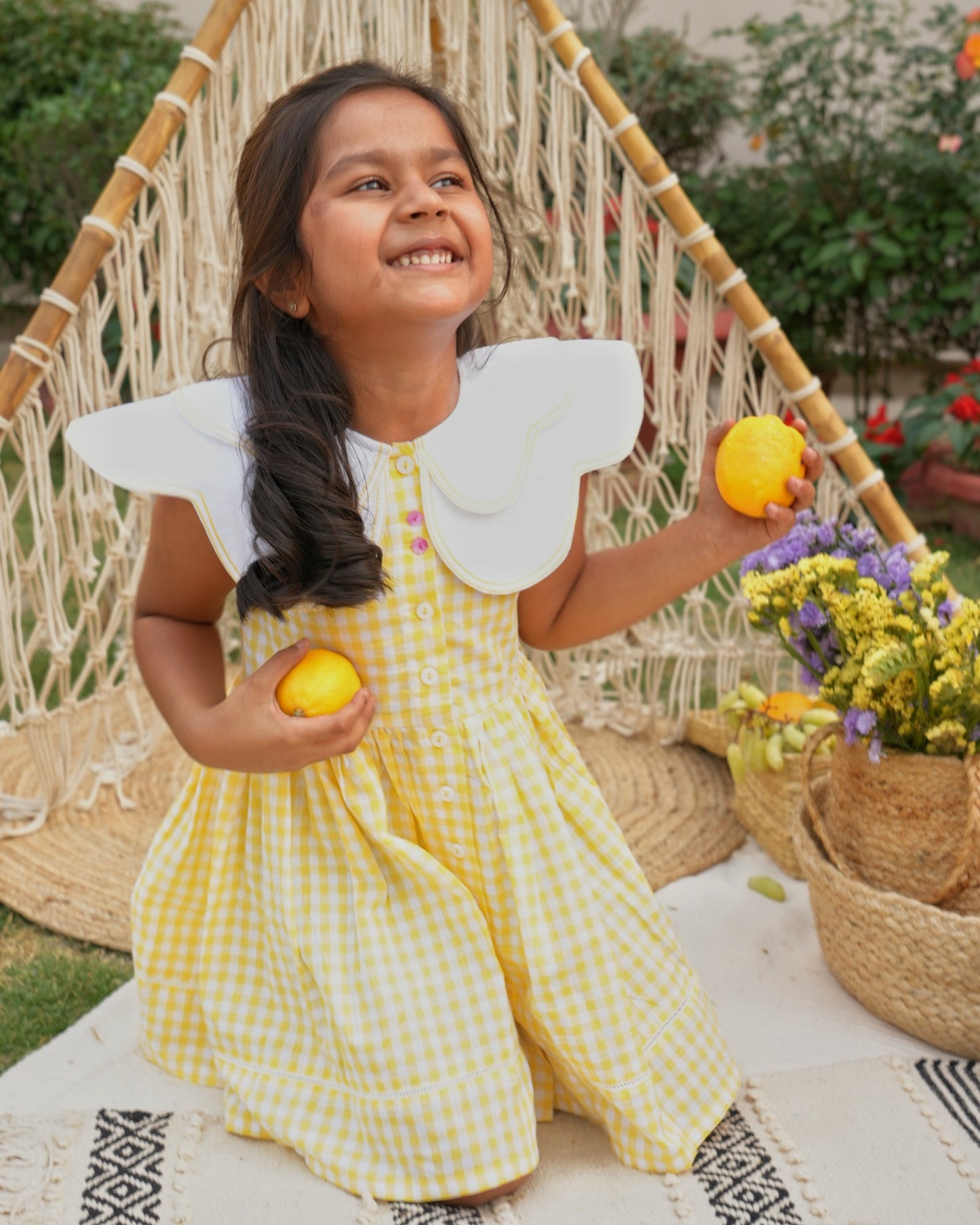 Lemon Gingham Petal Collar Dress