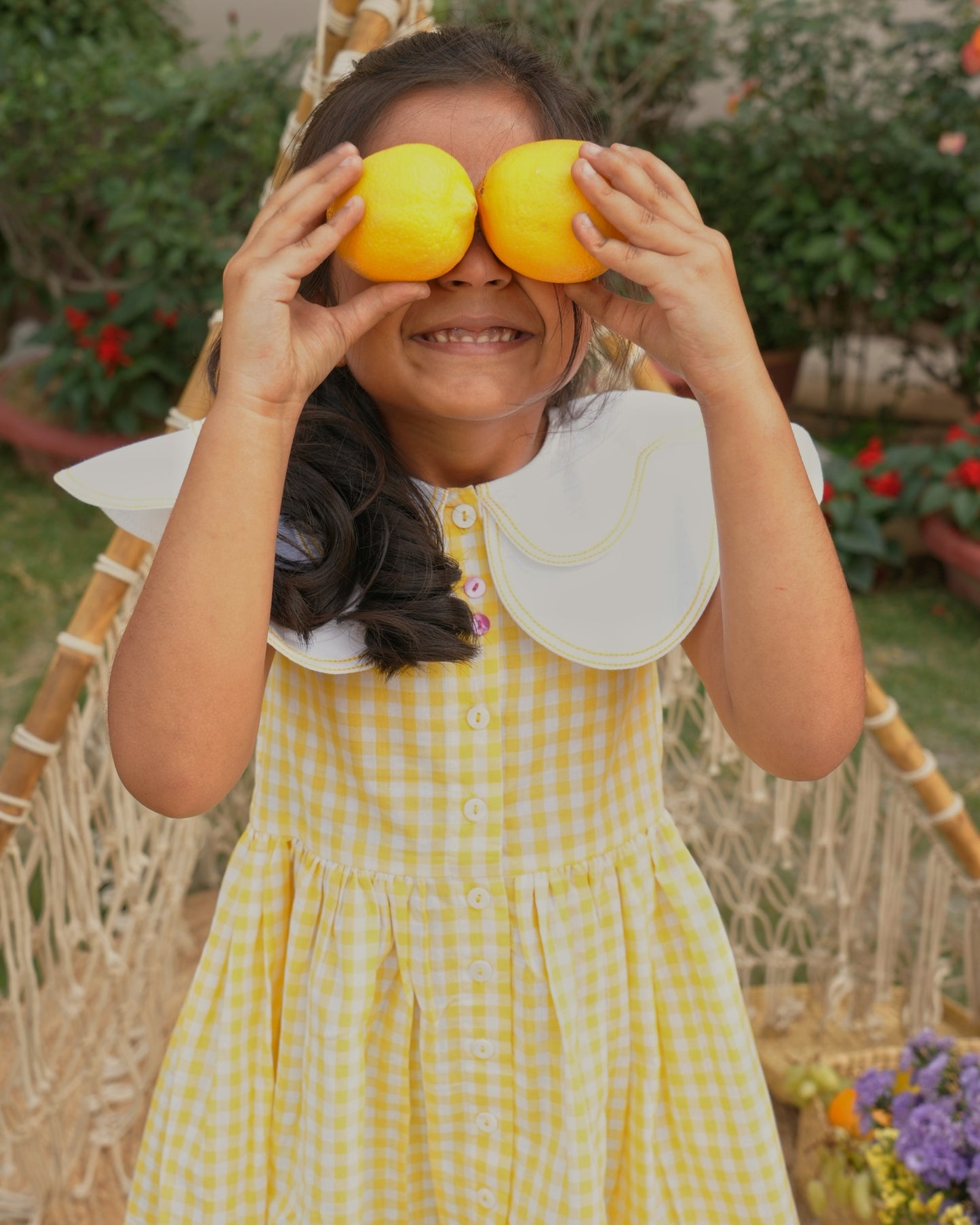 Lemon Gingham Petal Collar Dress