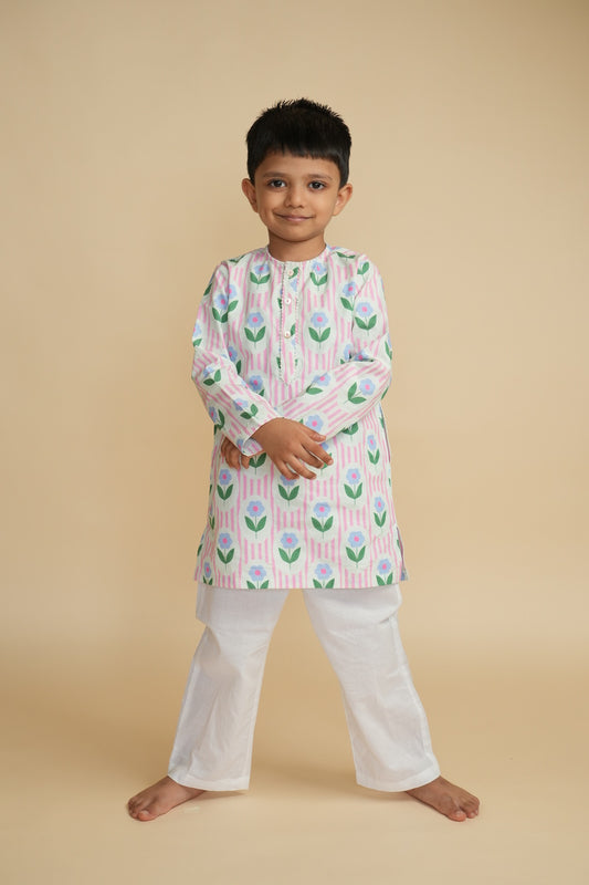 Boys Cotton Kurta Set with Hand Embroidered Beadwork –  Vintage Floral Pop