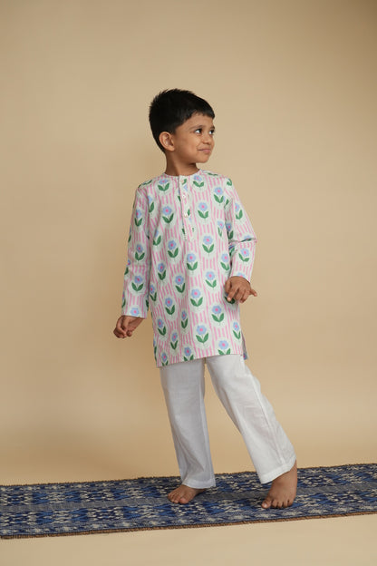 Boys Cotton Kurta Set with Hand Embroidered Beadwork –  Vintage Floral Pop