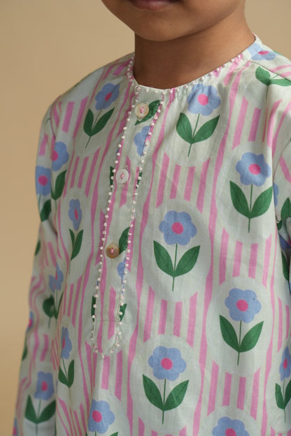 Boys Cotton Kurta Set with Hand Embroidered Beadwork –  Vintage Floral Pop