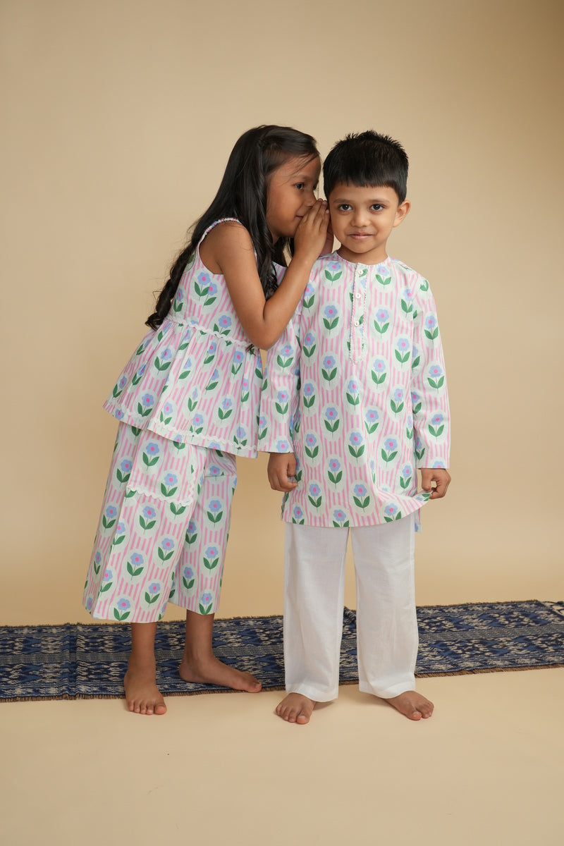 Boys Cotton Kurta Set with Hand Embroidered Beadwork –  Vintage Floral Pop
