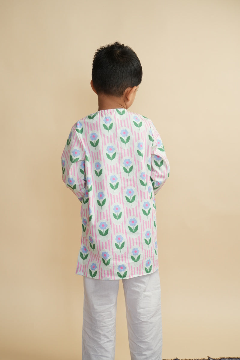 Boys Cotton Kurta Set with Hand Embroidered Beadwork –  Vintage Floral Pop