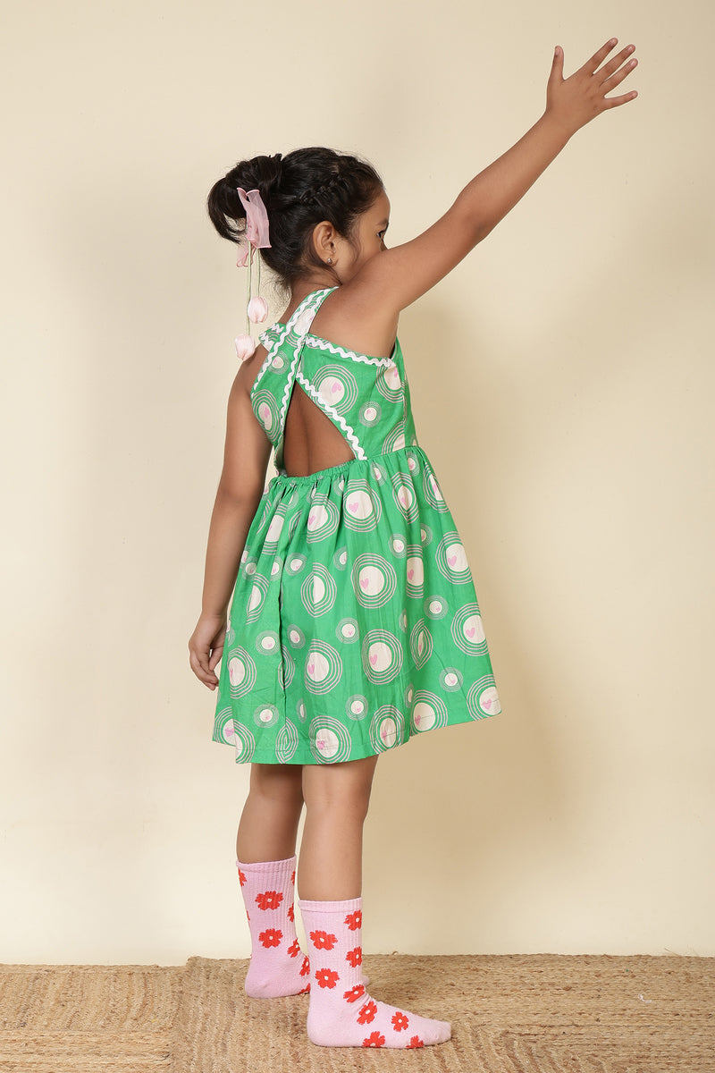 Girls Racerback Cotton Dress with Lace Detailing – Green Heart Ripple