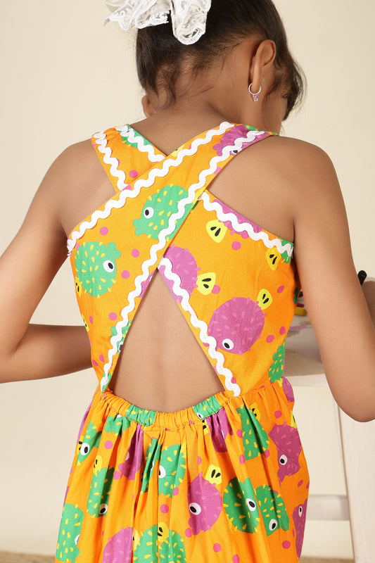 Girls Racerback Cotton Dress with Lace Detailing – Orange Puffer Fish