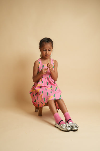 Girls Racerback Cotton Dress with Lace Detailing - Pink Dots and Squiggles