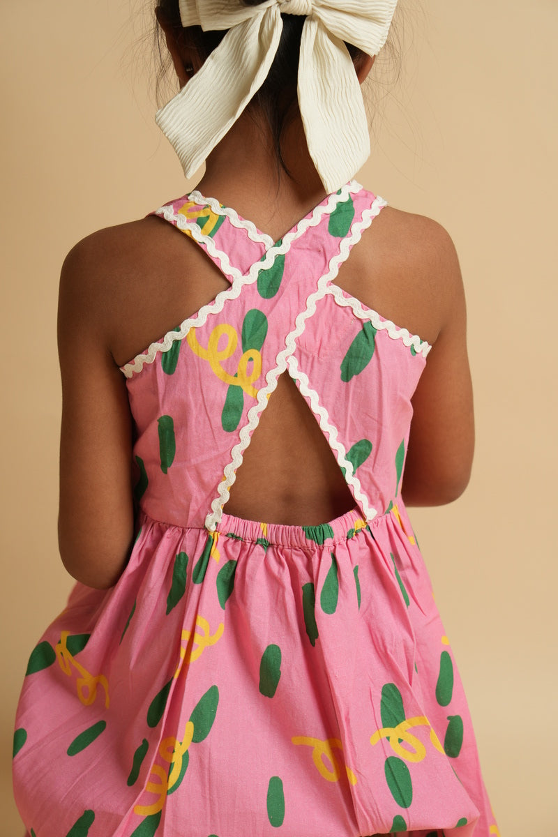 Girls Racerback Cotton Dress with Lace Detailing - Pink Dots and Squiggles
