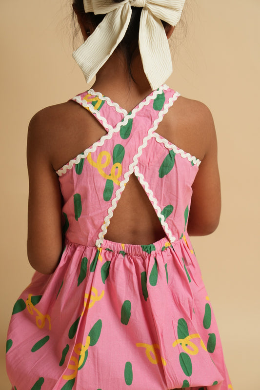 Girls Racerback Cotton Dress with Lace Detailing - Pink Dots and Squiggles