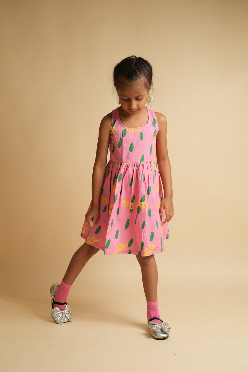 Girls Racerback Cotton Dress with Lace Detailing - Pink Dots and Squiggles