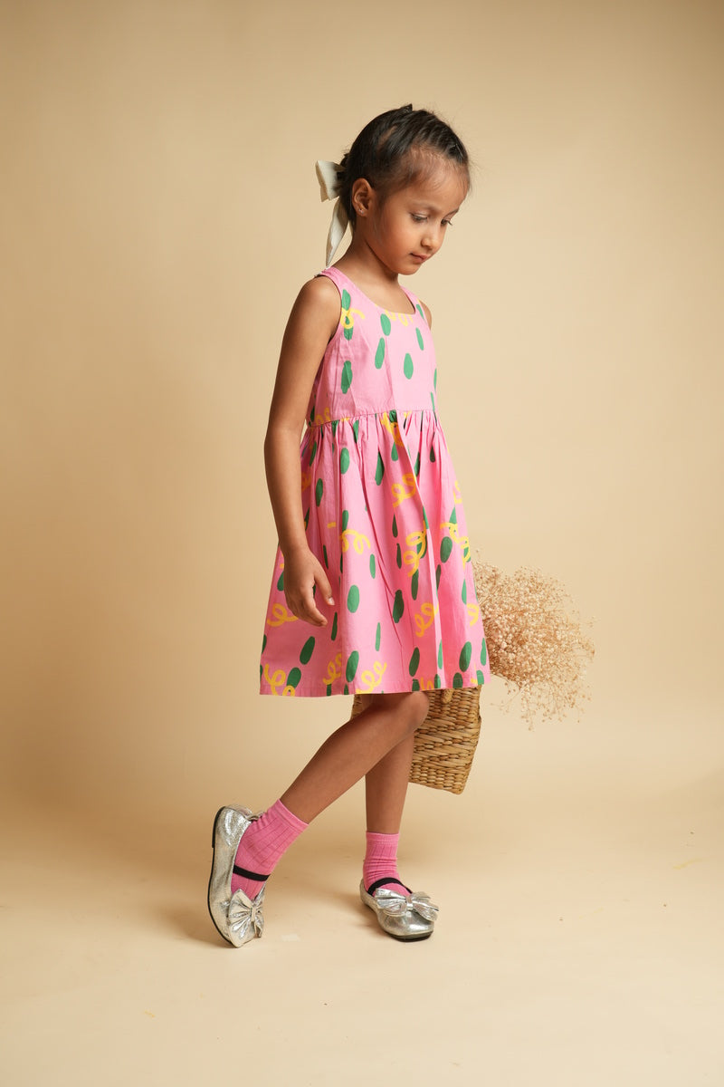 Girls Racerback Cotton Dress with Lace Detailing - Pink Dots and Squiggles
