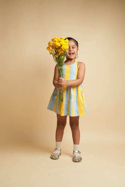 Girls Racerback Cotton Dress with Lace Detailing - Stripes and Dragonflies