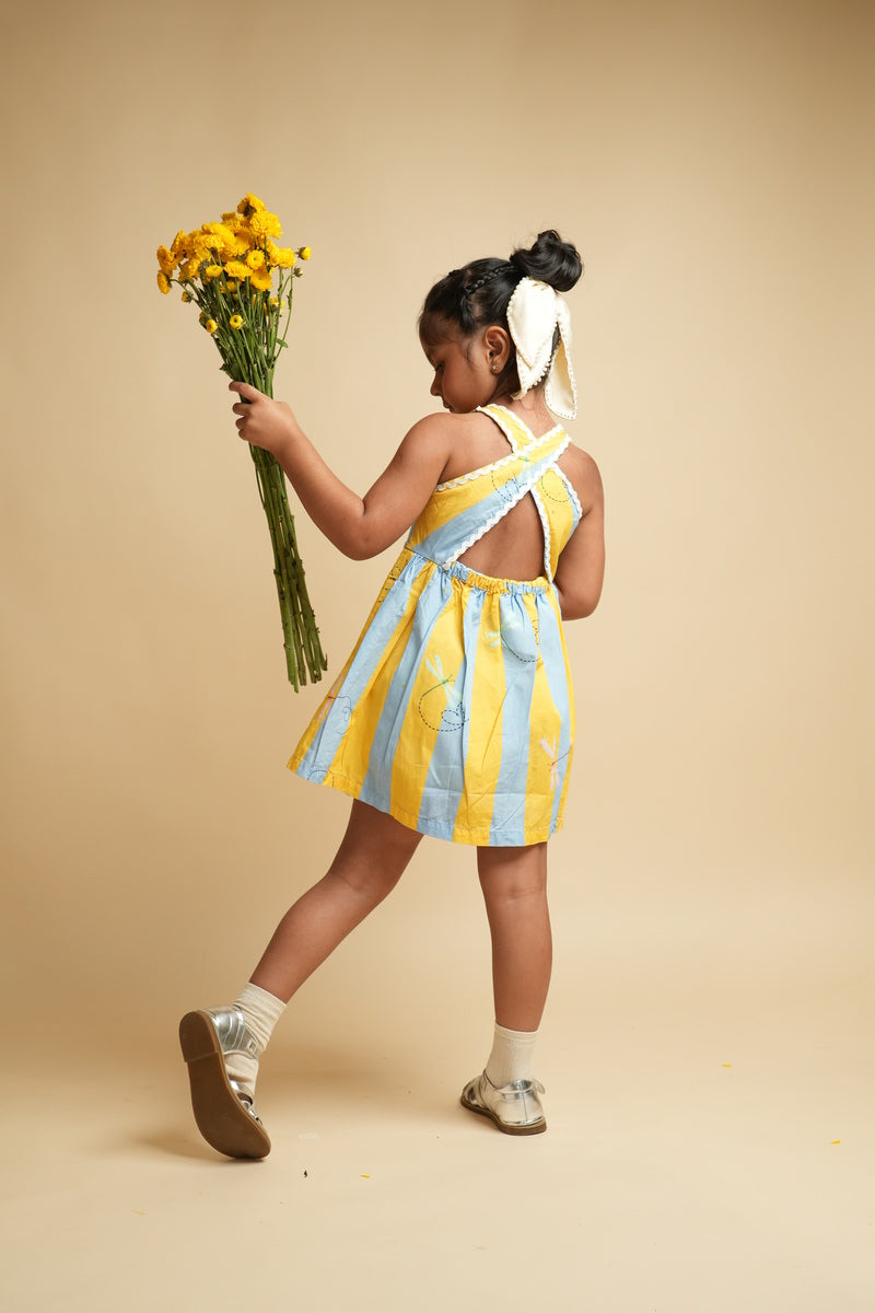 Girls Racerback Cotton Dress with Lace Detailing - Stripes and Dragonflies
