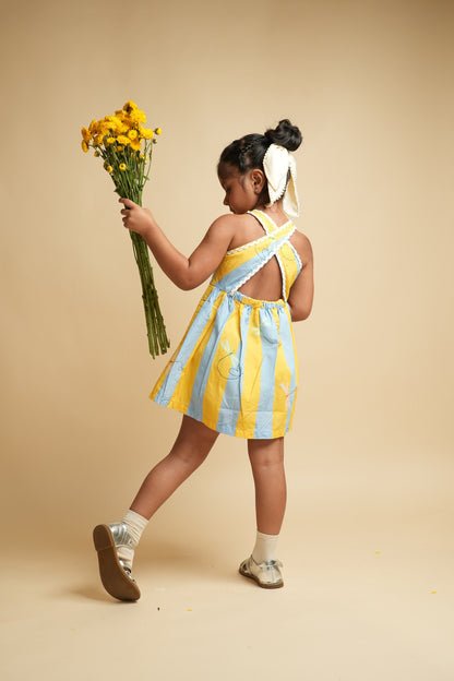 Girls Racerback Cotton Dress with Lace Detailing - Stripes and Dragonflies