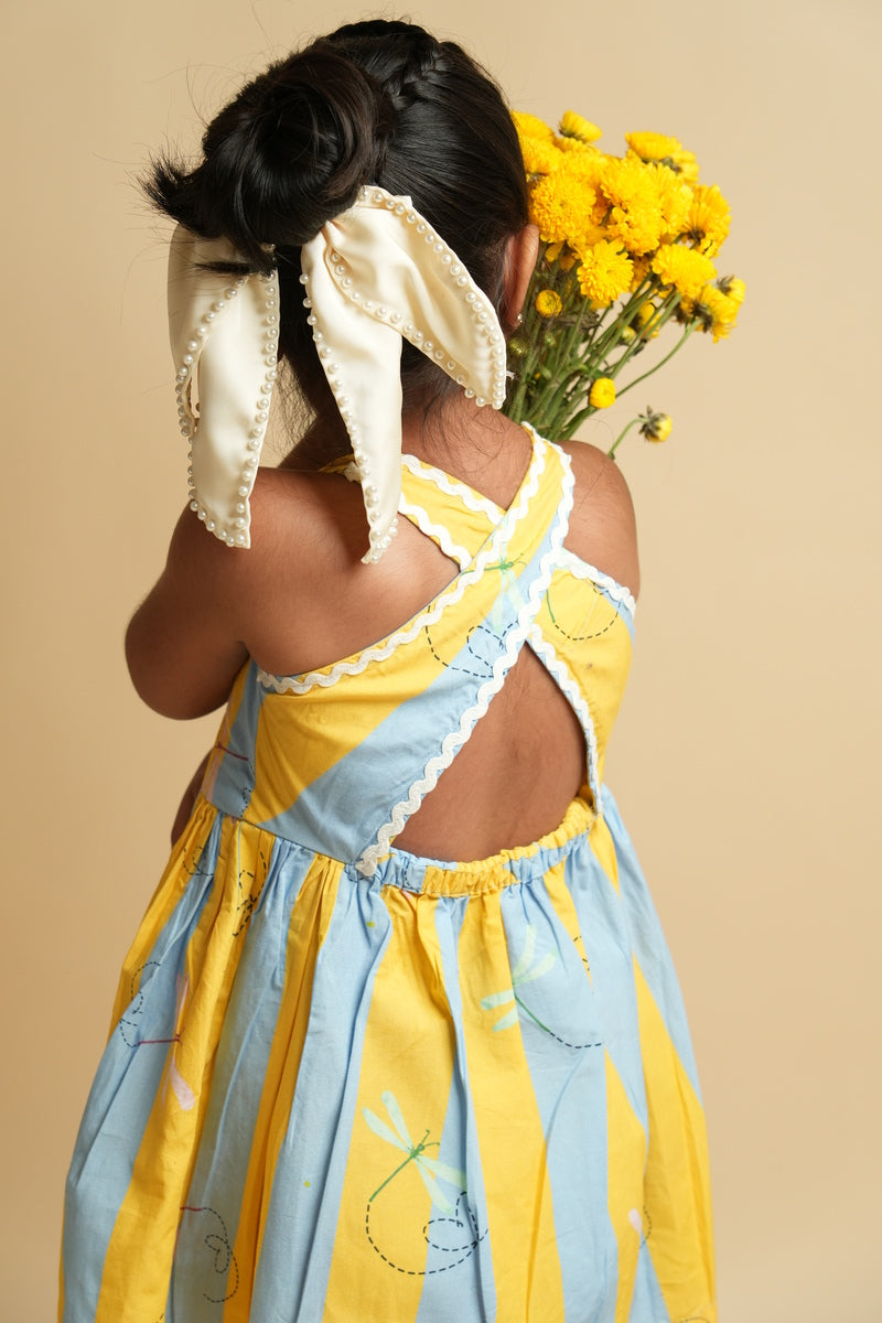 Girls Racerback Cotton Dress with Lace Detailing - Stripes and Dragonflies