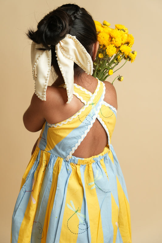Girls Racerback Cotton Dress with Lace Detailing - Stripes and Dragonflies