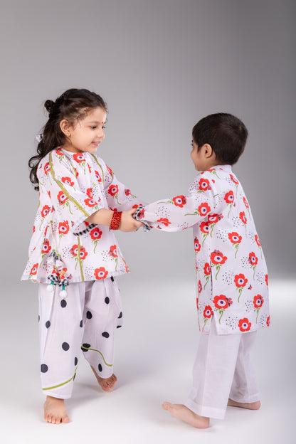 Red Anemone Girls Short Kurta & Farshi Salwar Set