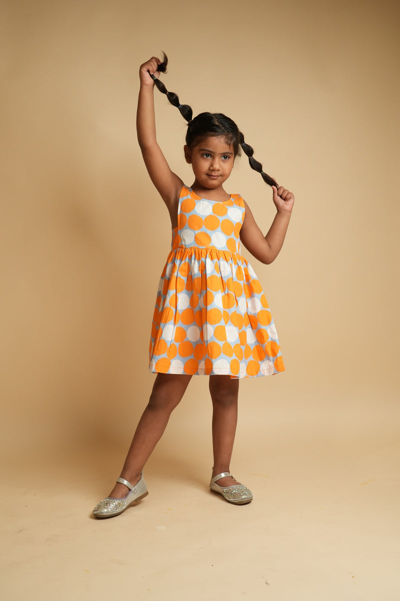 Girls Scalloped Back Cotton Dress - Orange Spot Dot
