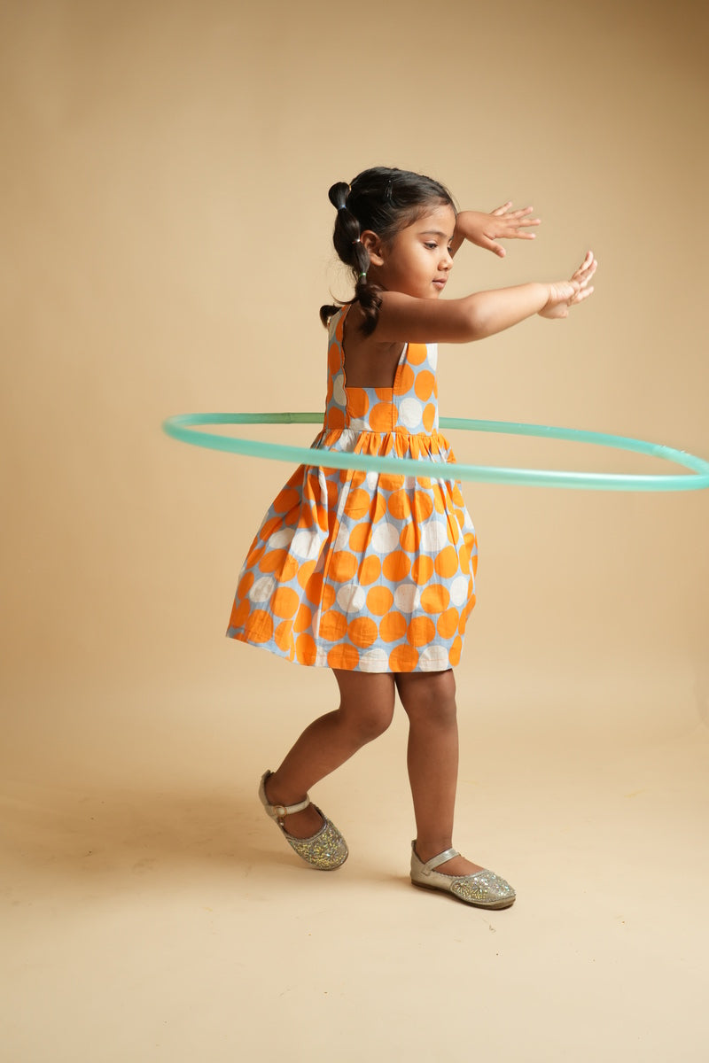 Girls Scalloped Back Cotton Dress - Orange Spot Dot