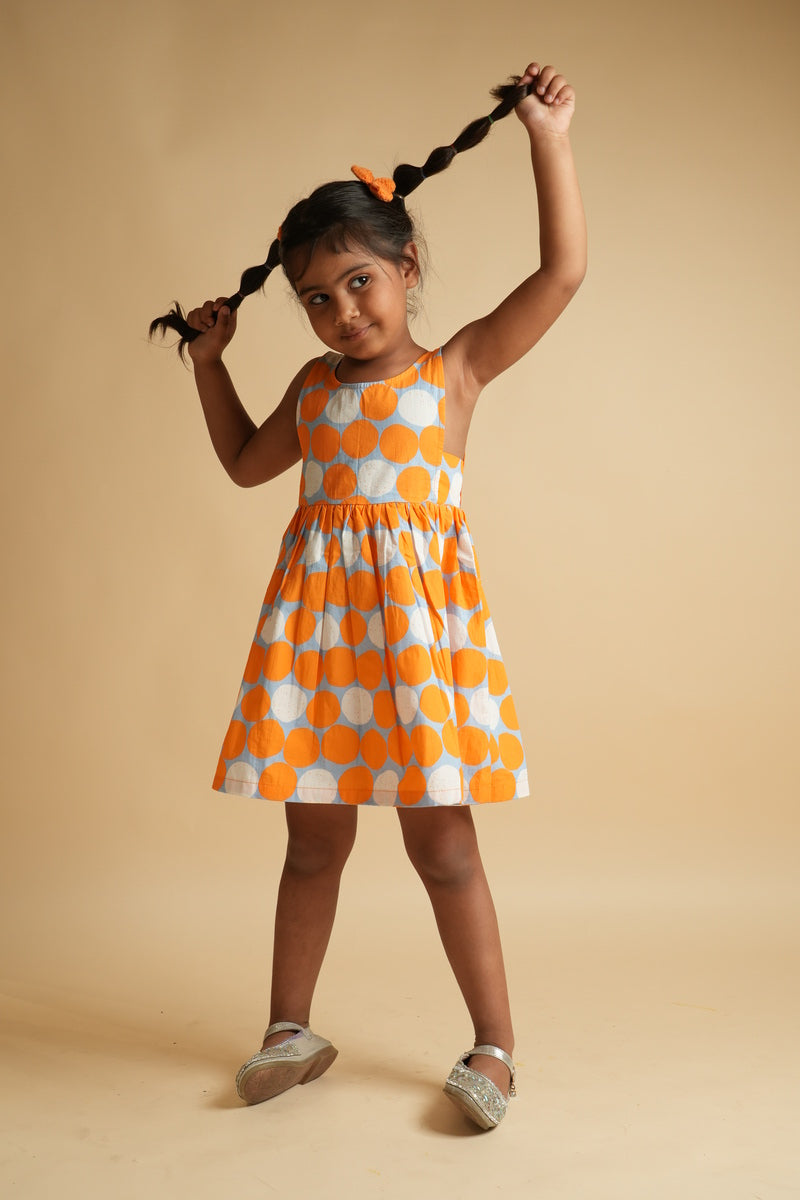 Girls Scalloped Back Cotton Dress - Orange Spot Dot