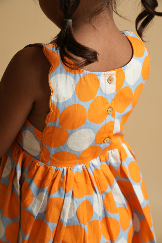 Girls Scalloped Back Cotton Dress - Orange Spot Dot