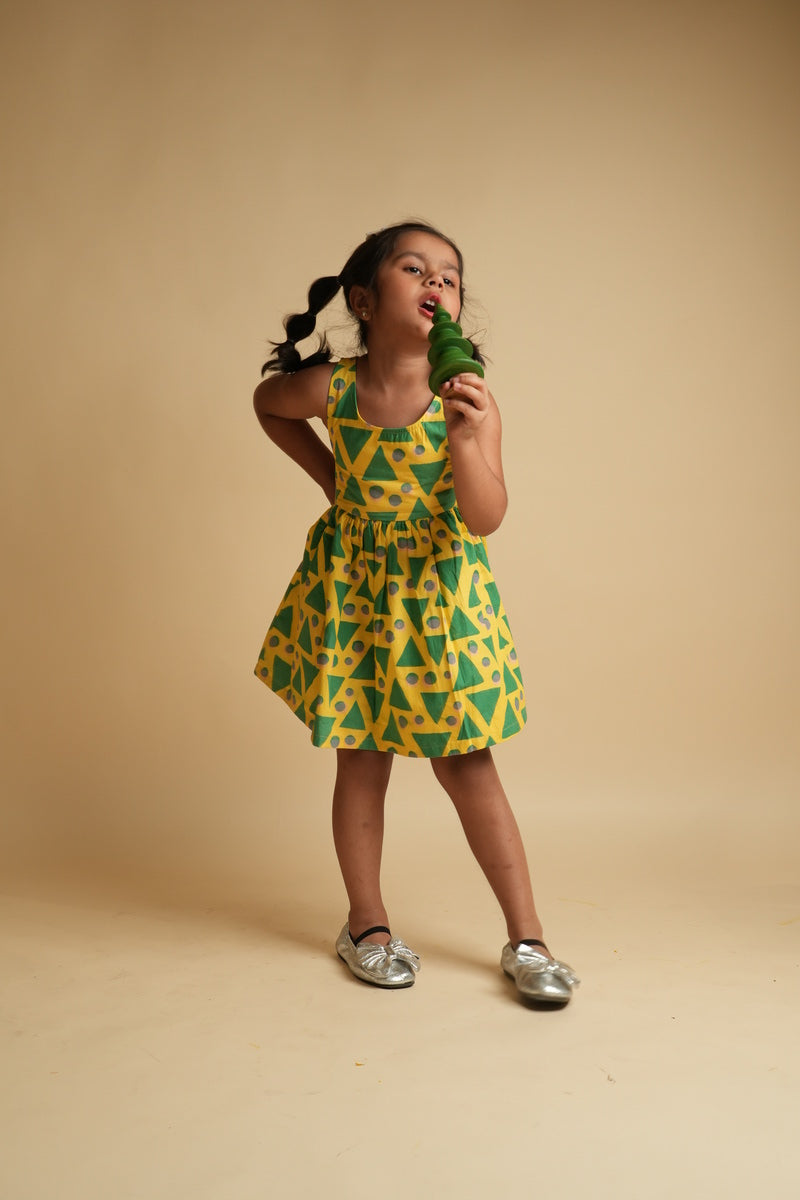Girls Scalloped Back Cotton Dress - Green Triangles and Dots