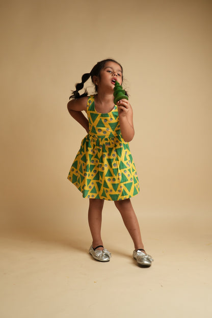 Girls Scalloped Back Cotton Dress - Green Triangles and Dots