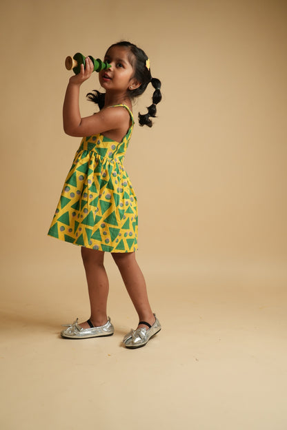 Girls Scalloped Back Cotton Dress - Green Triangles and Dots