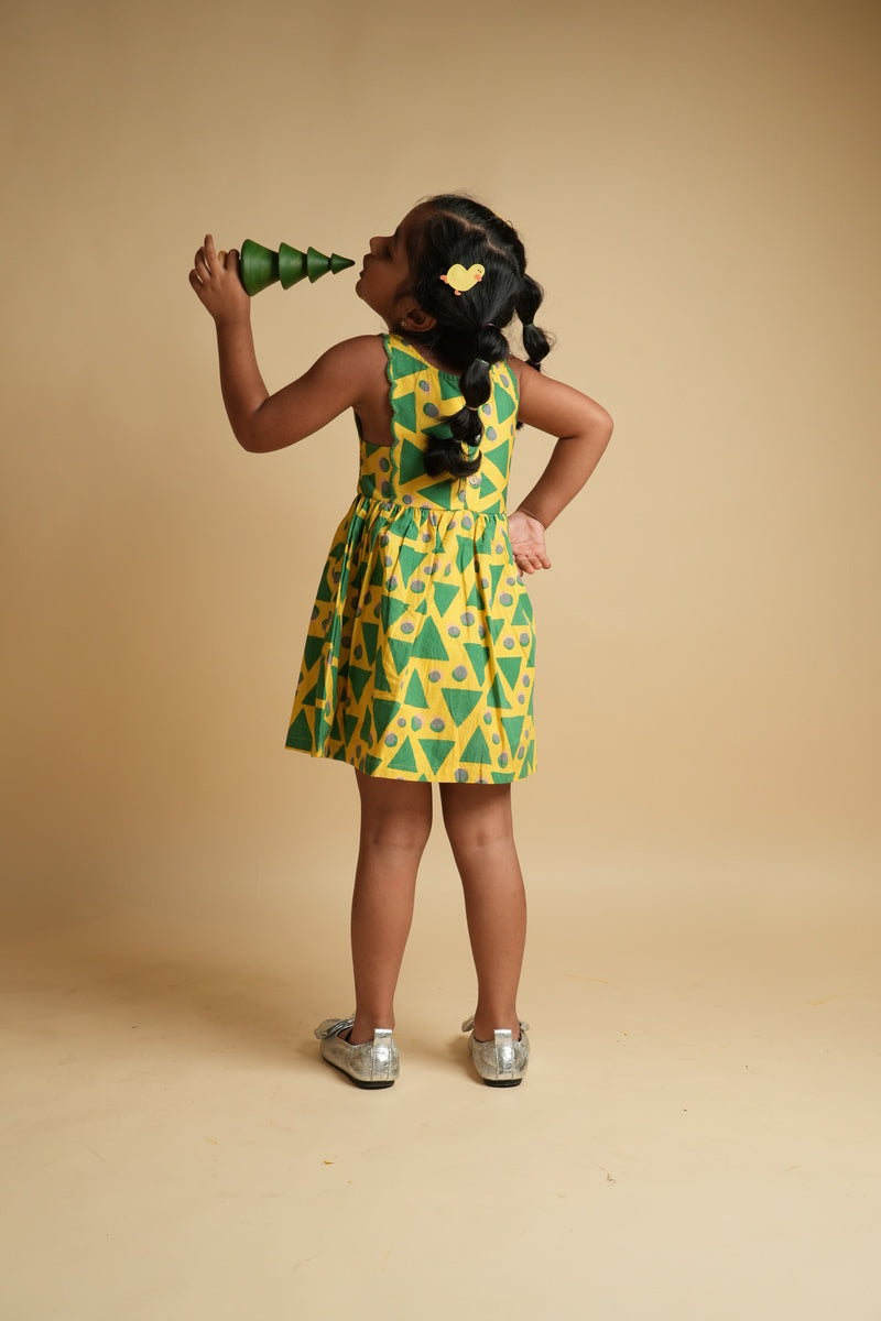 Girls Scalloped Back Cotton Dress - Green Triangles and Dots