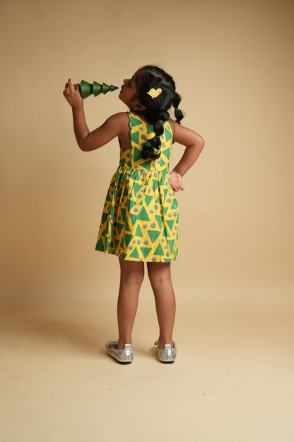 Girls Scalloped Back Cotton Dress - Green Triangles and Dots