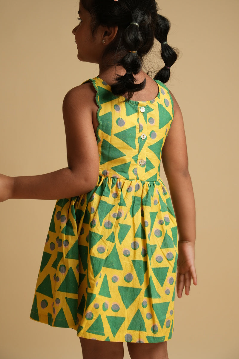 Girls Scalloped Back Cotton Dress - Green Triangles and Dots
