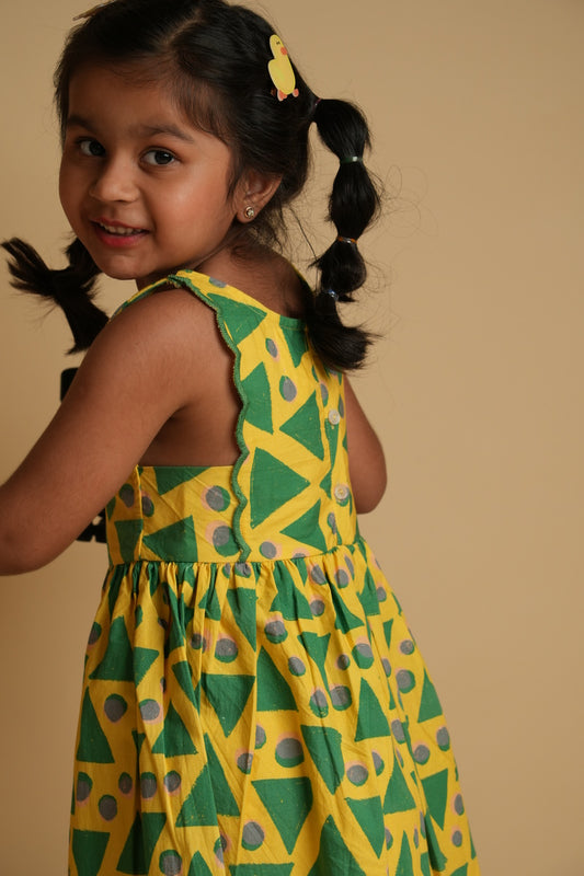 Girls Scalloped Back Cotton Dress - Green Triangles and Dots