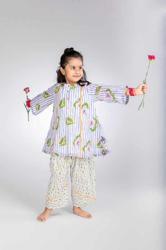 The Striped Garden Girls Short Kurta & Farshi Salwar Set